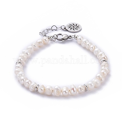 Natürliche kultivierte Süßwasserperlen Perlen Armbänder, mit Messing-Perlen, 304 flache runde Charms aus Edelstahl und Hummerkrallenverschlüsse, Sonnenmuster, 7-1/2 Zoll (19 cm)