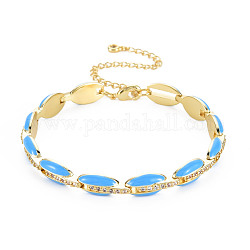 Brass Micro Pave Cubic Zirconia Link Chain Bracelet for Women, Enamel Oval Bracelets, Nickel Free, Real 18K Gold Plated, Deep Sky Blue, 6-7/8 inch(17.5cm), 7mm
