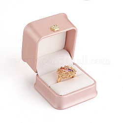 Cajas de regalo de anillo de cuero de pu, con corona de hierro bañado en oro y terciopelo en el interior, para la boda, caja de almacenamiento de joyas, rosa, 5.85x5.8x4.9 cm