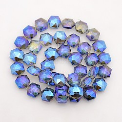 Hexagon Electroplate Full Rainbow Plated Glass Beads Strands, Faceted, Royal Blue, 15x14x8mm, Hole: 1mm, about 50pcs/strand, 23.6 inch