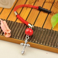 Tibetan Style Mobile Dustproof Plugs, with Plastic Pins, Baking Painted Glass Beads and Nylon Cord, Red, 120mm, Pin: about 3.5mm