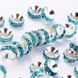 Abalorios de latón Diamante de imitación espaciador, Grado A, rerondana plana, color plateado, aguamarina, 9x4mm