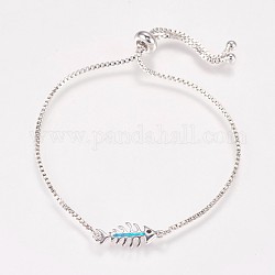 Bracelets bolo chaîne en laiton, Bracelets coulissants, avec opale synthétique et strass, Fishbone, platine, bleu profond du ciel, 9 pouce (230 mm)