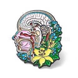 Anatomic Head with Flower Enamel Pin, Halloween Alloy Brooch for Backpack Clothes, Electrophoresis Black, Colorful, 32.5x27.5x1.5mm