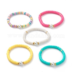 Bracelets élastiques faits à la main de perles heishi en pâte polymère, avec des perles d'espacement en laiton et des perles de verre rondes, couleur mixte, diamètre intérieur: 2-3/8 pouce (5.9 cm)