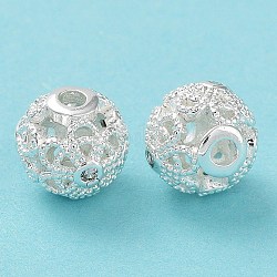 Rack Plating Brass Micro Pave Clear Cubic Zirconia Beads, Long-Lasting Plated, Cadmium Free & Lead Free, Round with Hollow Flower, Silver, 8mm, Hole: 1.4mm