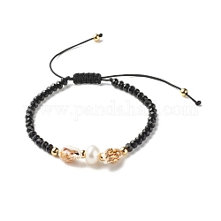 Braccialetto di perline intrecciate in malesia naturale e perle e conchiglie per donna ragazza, oro, nero, diametro interno: 2-1/8 pollice (5.4~9 cm)