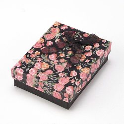 Blumenmuster Pappe Schmuckverpackung Box, 2 Steckplatz, für Ringohrringe, mit Schleifenbandknoten und schwarzem Schwamm, Rechteck, Schwarz, 9x7x3 cm