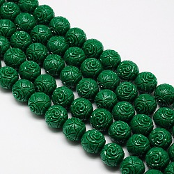 Synthetic Coral Beads Strands, Dyed, Round Beads Carved Flower Rose, Dark Green, 20mm, Hole: 1mm, about 15pcs/strand, 15.74 inch