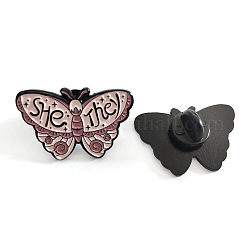 Papillon avec mot elle ils épinglent en émail, Insigne en alliage plaqué noir d'électrophorèse pour les vêtements d'écharpe de corsages, rose brumeuse, 17.8x27.9mm