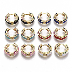 Brass Micro Pave Colorful Cubic Zirconia Huggie Hoop Earrings, with Enamel, Real 18K Gold Plated, Mixed Color, 15.5x16.5x5mm, Pin: 1x1mm