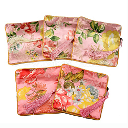 Ретро квадратные тканевые мешочки на молнии, с кисточкой и цветочным узором, розовые, 11.5x11.5 см