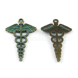 Pendente in lega di zinco,  cadmio& piombo libero, simbolo caduceo per la medicina, bronzo antico e patina verde, 49x30.5x2mm, Foro: 2 mm