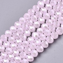 Abalorios de vidrio electroplate hebras, cuentas de jade de imitación, lustre de la perla chapado, facetados, rerondana plana, rosa, 3x2mm, agujero: 0.8 mm, aproximamente 165~169 pcs / cadena, 15~16 pulgada (38~40 cm)