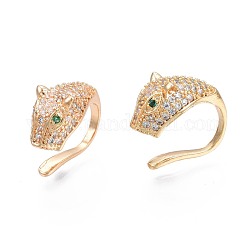 Cubic Zirconia Leopard Cuff Earrings, Golden Brass Non Piercing Jewelry for Women, Nickel Free, Green, 14.5x13x7.5mm