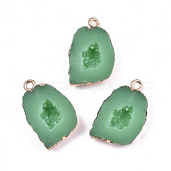 Druzy Geode Resin Pendants, with Edge Light Gold Plated Iron Loops, Nuggets, Medium Sea Green, 23x15x5mm, Hole: 1.8mm