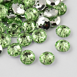 2-foro bottoni piatto tondo strass acrilico taiwan, a punta sfaccettata e argentata, verde chiaro, 24x8.5mm, Foro: 1 mm