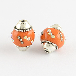 Handmade Indonesia Beads, with Rhinestones and Alloy Cores, Oval, Antique Silver, Chocolate, 15~17x14mm, Hole: 2mm