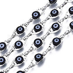 304 Edelstahl strukturierte ovale Kabelketten, mit emaillierten Perlen für den bösen Blick, mit Spule, ungeschweißte, Edelstahl Farbe, Schwarz, 11x5.5x3 mm, 7.5x3x1 mm, ca. 32.81 Fuß (10m)/Rolle