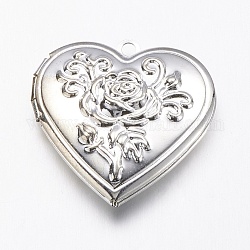 Messing-Medaillon-Anhänger, Herz mit Rosen, silberfarben plattiert, 29x29x7.5 mm, Bohrung: 2 mm