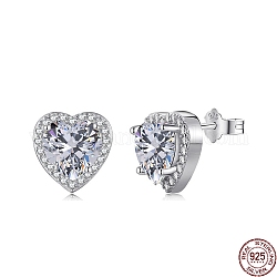 Rhodium Plated 925 Sterling Silver Micro Pave Cubic Zirconia Ear Studs for Women, with S925 Stamp, Heart, Real Platinum Plated, 11x11mm