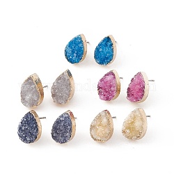 Teardrop Natural Druzy Agate Stud Earrings, with Golden Plated Brass Findings, Mixed Color, 17x10x6mm, Pin: 0.8mm