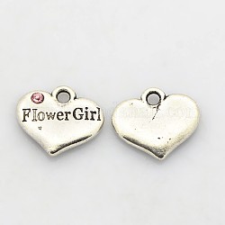 Wedding Party Supply Antique Silver Alloy Rhinestone Heart Carved Word Flower Girl Wedding Family Charms, Cadmium Free & Lead Free, Light Rose, 13.5x16x3mm, Hole: 2.5mm