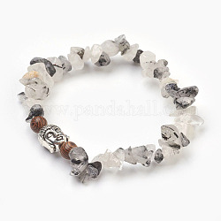 Natural Tourmalinated Quartz/Black Rutilated Quartz and Wood Beads Stretch Bracelets, with Alloy Findings, Buddha Head and Chip, 1-7/8 inch(4.8cm)