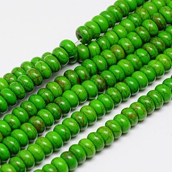 Abalorios de turquesas sintéticas hebras, teñido, rerondana plana, verde lima, 5x3mm, agujero: 1 mm, aproximamente 140 pcs / cadena, 15.5 pulgada