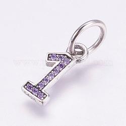 Thai 925 Sterling Silver Charms, with Cubic Zirconia, Number 1, Antique Silver, Medium Purple, 12.5x5x1.5mm, Hole: 5mm