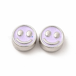 Emaille-Perlen aus Zahnstangenbeschichtung, Cadmiumfrei und Nickel frei und Bleifrei, flache Runde mit lächelndem Gesicht, Platin Farbe, Flieder, 7.5x4 mm, Bohrung: 2 mm