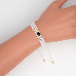 Bracelet en perles de verre tressées, bande plate avec protection contre le mauvais œil bracelet porte-bonheur pour femme, blanc, 11 pouce (28 cm)