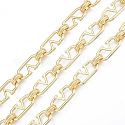 Letter V Brass & Iron Oval Link Chains, with Spool, Cadmium Free & Nickel Free & Lead Free, Unwelded, Real 18K Gold Plated, 21x10x2.5mm, about 32.81 Feet(10m)/Roll