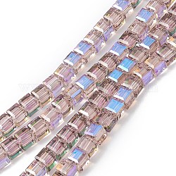 Transparentes perles de verre de galvanoplastie brins, facette, cube, de couleur plaquée ab , moyen orchidée, 7x7x7mm, Trou: 1.2mm, Environ 99~100 pcs/chapelet, 27.17~27.95 pouce (69~71 cm)