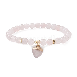 Bracelets extensibles en perles rondes en quartz rose naturel, avec des breloques de coeur, diamètre intérieur: 2-1/8~2-1/4 pouce (5.4~5.6 cm)