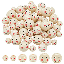 PandaHall Elite 60Pcs 3 Styles Printed Wooden Beads, Undyed, Round with Smiling Face Pattern, Linen, 13.5~23.5x12.5~22mm, Hole: 3.4~4.2mm, 20pcs/style