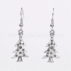 Alloy Dangle Earrings, Christmas Tree, Antique Silver, 41mm, 26x14x2.5mm, Pin: 0.6mm