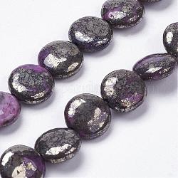 Natural Pyrite Beads Strands, Dyed, Flat Round, Magenta, 12x5mm, Hole: 1mm, about 17pcs/strand, 8 inch(20.1cm)