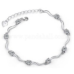Bracelet chaîne à maillons en zircone cubique à barre torsadée, 925 bracelet en argent sterling pour fille femme, clair, platine