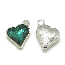 Alloy Glass Pendants, Faceted, Heart, Platinum, Sea Green, 17x15x5mm, Hole: 1.5mm