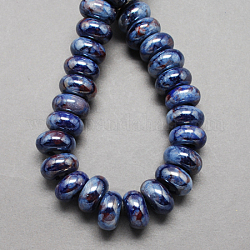 Handgemachte Porzellan europäischen Perlen, Großloch perlen, perlig, Rondell, Stahlblau, 12x9 mm, Bohrung: 4 mm