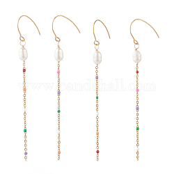Orecchini pendenti da donna a catena lunga con perle naturali smaltate, oro, colore misto, 94.5mm, ago :0.7mm