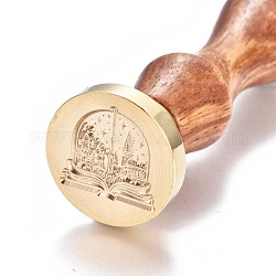 Cachet de sceau de cire en laiton, avec manche en bois, pour la décoration de poteau, fabrication de cartes de bricolage, motif sur le thème magique, or, 90x26mm