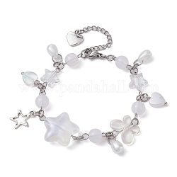 Bracelet à breloques étoile en alliage et cœur en acrylique, avec papillon et chaînes de perles rondes, clair, 6-7/8 pouce (17.5 cm)