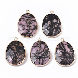 Natural Rhodonite Pendants, with Golden Plated Edge Brass Findings, Nickel Free, Faceted, Oval, 25~26x17~18x5mm, Hole: 1.4mm