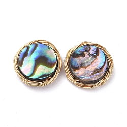 Perlen aus Abalone-Muschel/Paua-Muschel mit umweltfreundlichem Kupferdraht, kein Loch, Flachrund, golden, 10x3 mm