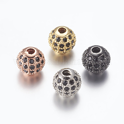 Brass Micro Pave Cubic Zirconia Beads, Round, Black, 6mm, Hole: 1.5mm