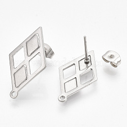 304 Stainless Steel Stud Earring Findings, with Ear Nuts/Earring Backs, Rhombus, Stainless Steel Color, 24x13.5mm, Hole: 1.2mm, Side Length: 12mm, Pin: 0.7mm