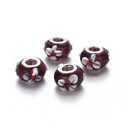 Perles européennes vernissées manuelles, perles de rondelle avec grand trou , Rondelle avec des fleurs, lampwork bosselé, en laiton de tonalité de platine noyaux doubles, brun coco, 15~16x9~10mm, Trou: 5mm