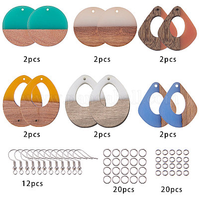 SUNNYCLUE 1 Bag 6 Pairs Resin Wood Pendant Acrylic Resin Earring Making Kit  Bohemian Round Square Drop Mottled Earring Jewelry Arts Craft for